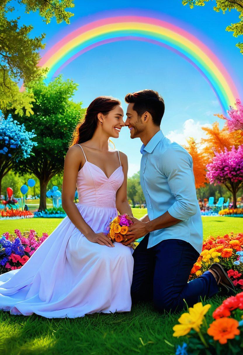 A vibrant scene depicting an array of diverse feminine couples sharing joyful moments together in a colorful park, each couple expressing love in unique ways, adorned with rainbow decorations, and surrounded by blooming flowers. The sky is a brilliant blue, and the atmosphere bursts with warmth and celebration, capturing the essence of love and community. super-realistic. vibrant colors. soft focus.