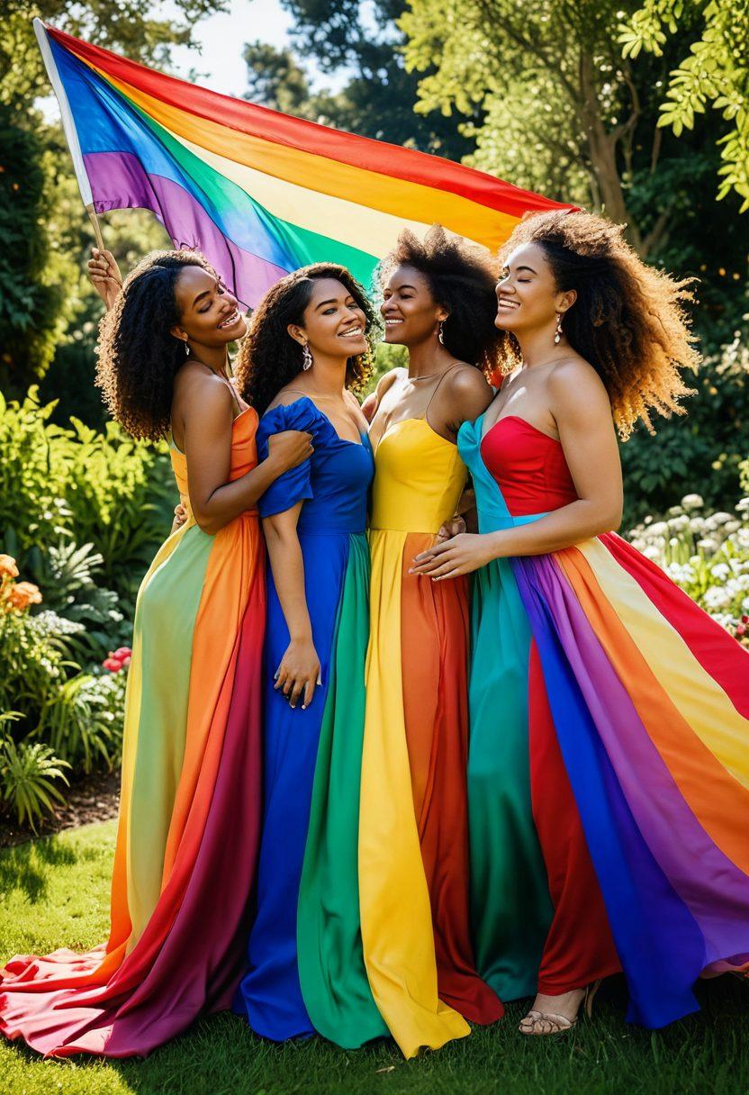 A diverse group of women of various ethnicities, joyfully embracing each other in a lush garden, surrounded by vibrant flowers and rainbow-colored petals, symbolizing love, unity, and acceptance. They wear flowing dresses that reflect the colors of the LGBTQ+ flag, with soft sunlight filtering through the leaves above, creating a warm and inviting atmosphere. The scene conveys a sense of celebration and empowerment. super-realistic. vibrant colors. natural background.
