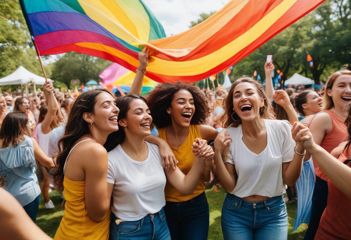 A vibrant community gathering showcasing women of diverse backgrounds celebrating their individuality and love. Include symbols of pride, like rainbow flags and colorful banners, amidst a lively park setting with flowers and laughter. Capture moments of joy and connection, with some women engaging in dance and others in deep conversation. super-realistic. vibrant colors. community atmosphere.